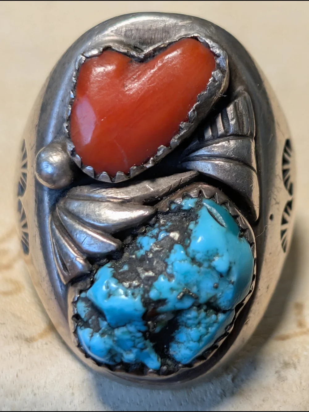 Vintage Navajo Sterling Turquoise Coral Ring Chunky 28g Signed Native American